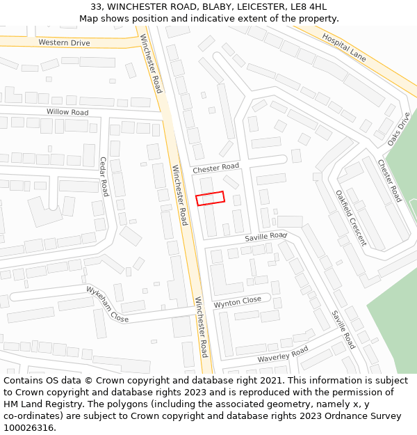 33, WINCHESTER ROAD, BLABY, LEICESTER, LE8 4HL: Location map and indicative extent of plot