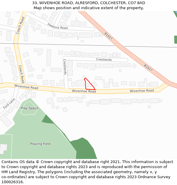 33, WIVENHOE ROAD, ALRESFORD, COLCHESTER, CO7 8AD: Location map and indicative extent of plot