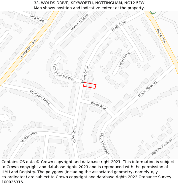 33, WOLDS DRIVE, KEYWORTH, NOTTINGHAM, NG12 5FW: Location map and indicative extent of plot