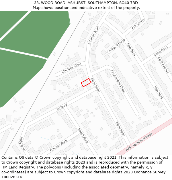 33, WOOD ROAD, ASHURST, SOUTHAMPTON, SO40 7BD: Location map and indicative extent of plot