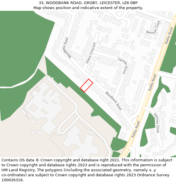33, WOODBANK ROAD, GROBY, LEICESTER, LE6 0BP: Location map and indicative extent of plot