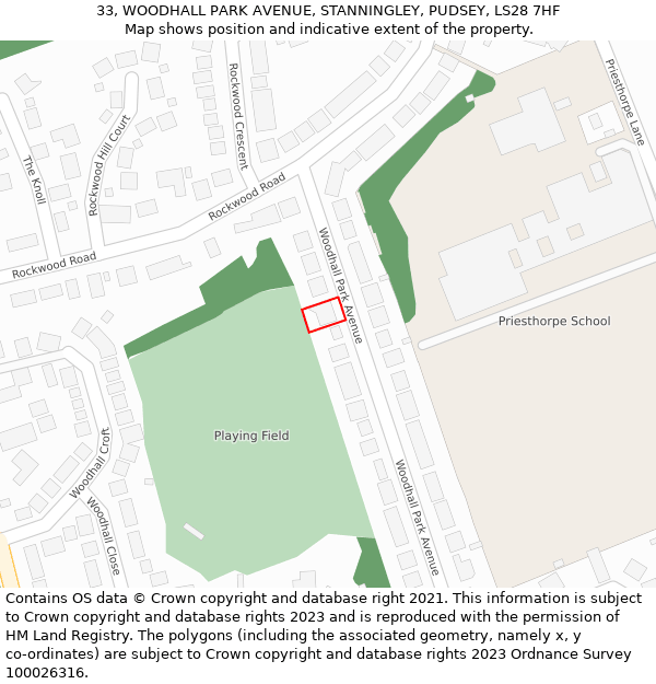 33, WOODHALL PARK AVENUE, STANNINGLEY, PUDSEY, LS28 7HF: Location map and indicative extent of plot