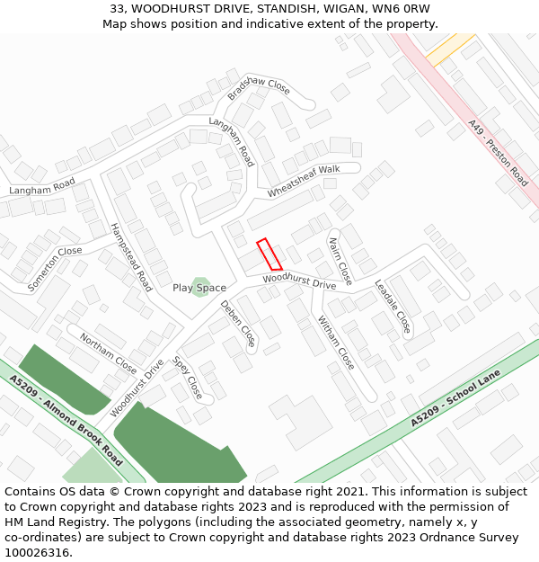 33, WOODHURST DRIVE, STANDISH, WIGAN, WN6 0RW: Location map and indicative extent of plot