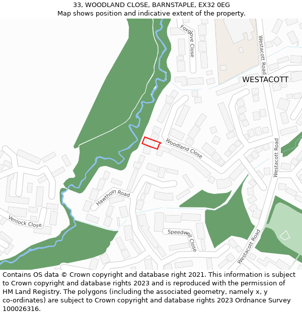 33, WOODLAND CLOSE, BARNSTAPLE, EX32 0EG: Location map and indicative extent of plot