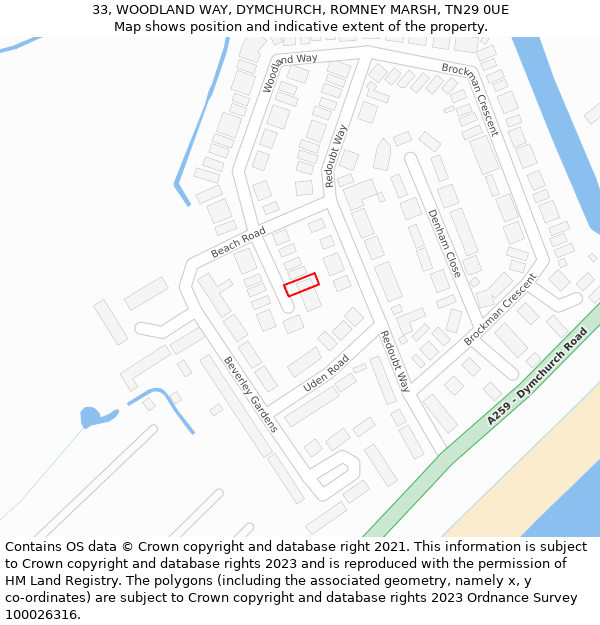 33, WOODLAND WAY, DYMCHURCH, ROMNEY MARSH, TN29 0UE: Location map and indicative extent of plot