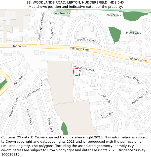 33, WOODLANDS ROAD, LEPTON, HUDDERSFIELD, HD8 0HX: Location map and indicative extent of plot