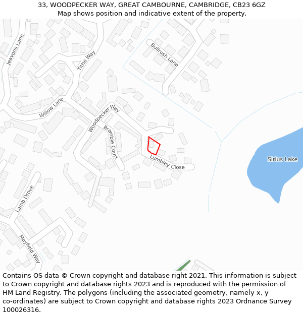 33, WOODPECKER WAY, GREAT CAMBOURNE, CAMBRIDGE, CB23 6GZ: Location map and indicative extent of plot