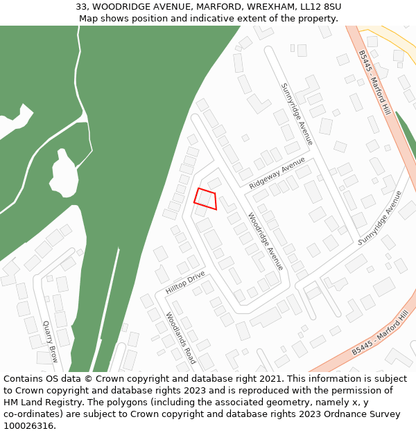 33, WOODRIDGE AVENUE, MARFORD, WREXHAM, LL12 8SU: Location map and indicative extent of plot