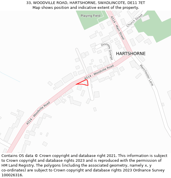 33, WOODVILLE ROAD, HARTSHORNE, SWADLINCOTE, DE11 7ET: Location map and indicative extent of plot