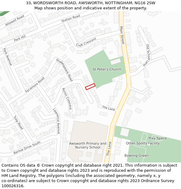 33, WORDSWORTH ROAD, AWSWORTH, NOTTINGHAM, NG16 2SW: Location map and indicative extent of plot