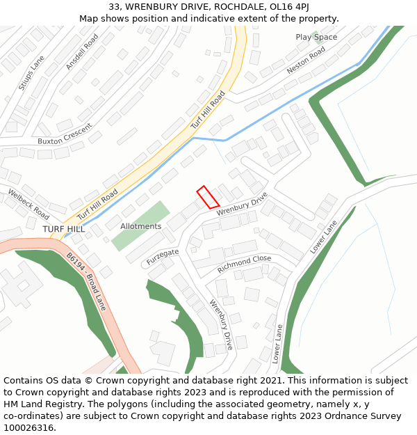 33, WRENBURY DRIVE, ROCHDALE, OL16 4PJ: Location map and indicative extent of plot