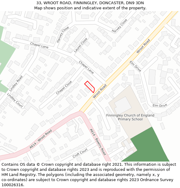 33, WROOT ROAD, FINNINGLEY, DONCASTER, DN9 3DN: Location map and indicative extent of plot