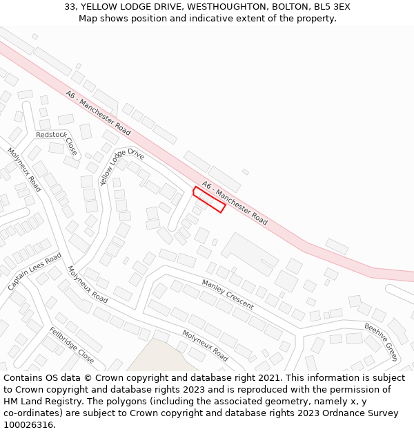 33, YELLOW LODGE DRIVE, WESTHOUGHTON, BOLTON, BL5 3EX: Location map and indicative extent of plot