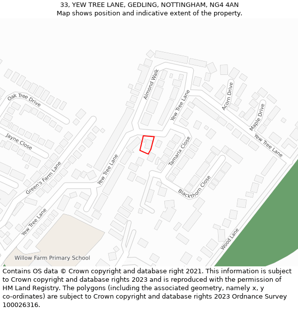 33, YEW TREE LANE, GEDLING, NOTTINGHAM, NG4 4AN: Location map and indicative extent of plot