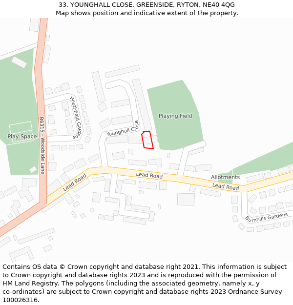 33, YOUNGHALL CLOSE, GREENSIDE, RYTON, NE40 4QG: Location map and indicative extent of plot