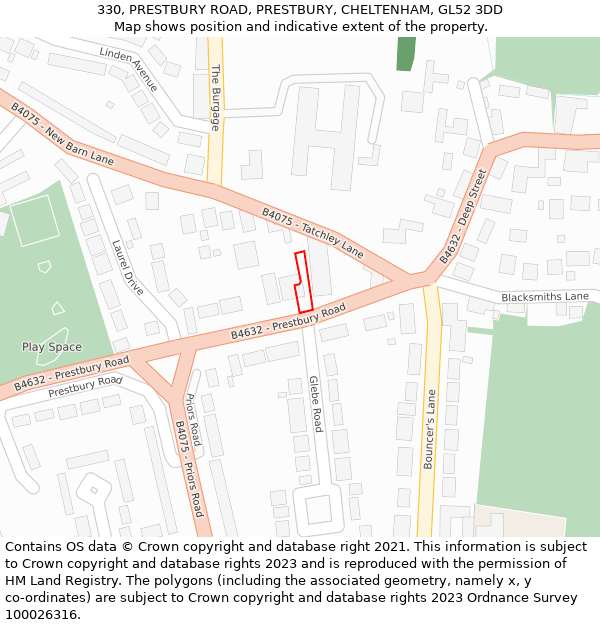 330, PRESTBURY ROAD, PRESTBURY, CHELTENHAM, GL52 3DD: Location map and indicative extent of plot