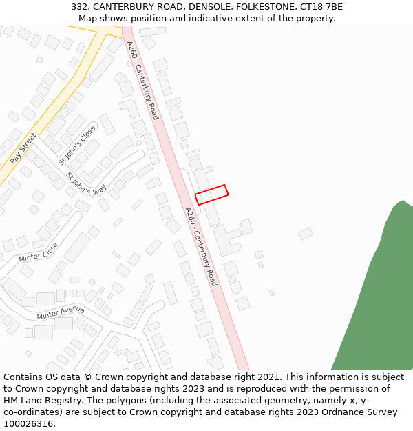 332, CANTERBURY ROAD, DENSOLE, FOLKESTONE, CT18 7BE: Location map and indicative extent of plot