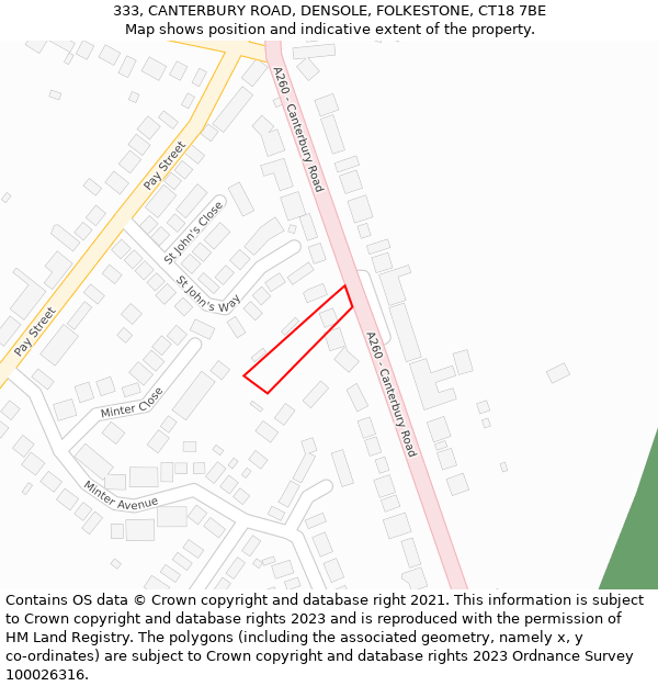 333, CANTERBURY ROAD, DENSOLE, FOLKESTONE, CT18 7BE: Location map and indicative extent of plot