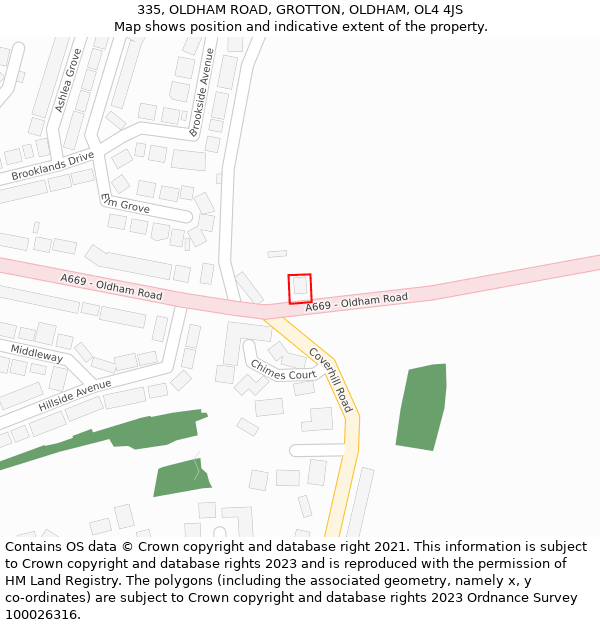 335, OLDHAM ROAD, GROTTON, OLDHAM, OL4 4JS: Location map and indicative extent of plot