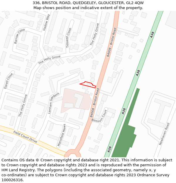 336, BRISTOL ROAD, QUEDGELEY, GLOUCESTER, GL2 4QW: Location map and indicative extent of plot