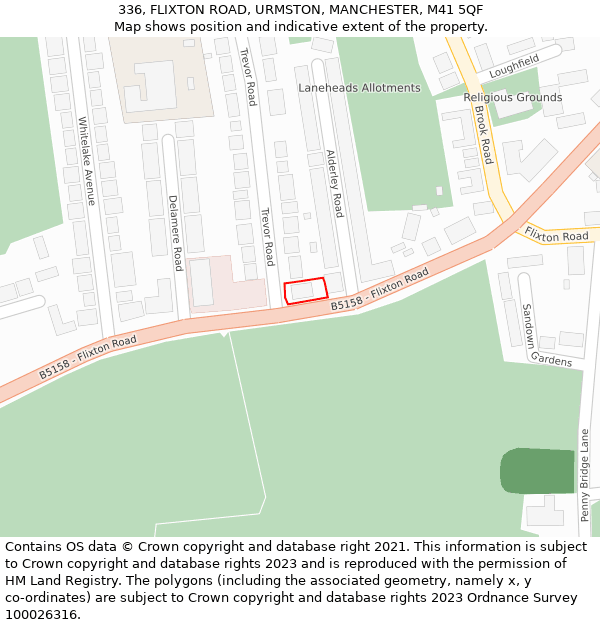 336, FLIXTON ROAD, URMSTON, MANCHESTER, M41 5QF: Location map and indicative extent of plot