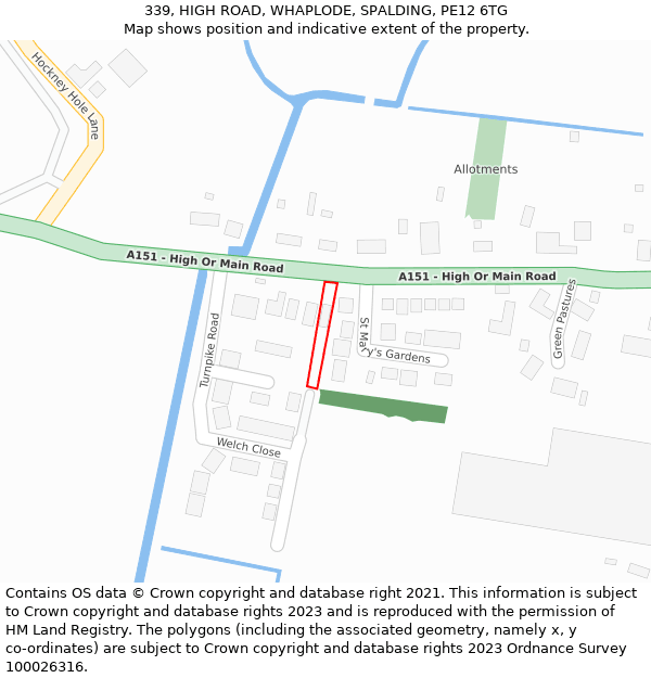 339, HIGH ROAD, WHAPLODE, SPALDING, PE12 6TG: Location map and indicative extent of plot