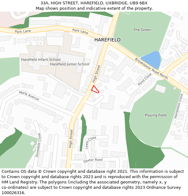 33A, HIGH STREET, HAREFIELD, UXBRIDGE, UB9 6BX: Location map and indicative extent of plot