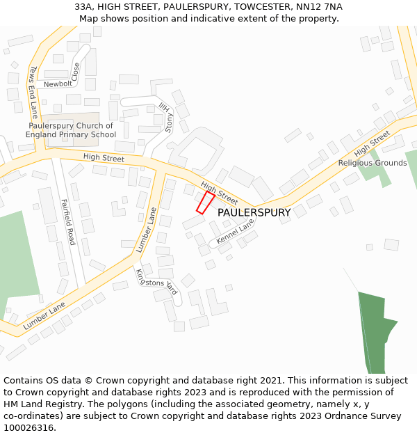 33A, HIGH STREET, PAULERSPURY, TOWCESTER, NN12 7NA: Location map and indicative extent of plot