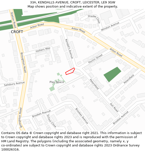 33A, KENDALLS AVENUE, CROFT, LEICESTER, LE9 3GW: Location map and indicative extent of plot