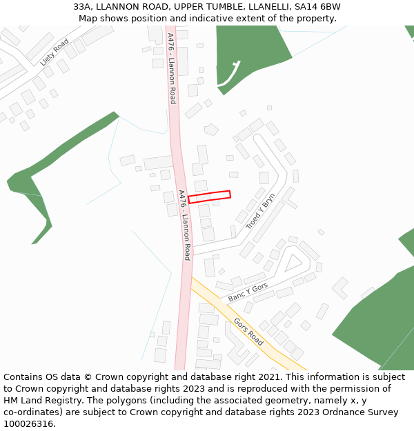 33A, LLANNON ROAD, UPPER TUMBLE, LLANELLI, SA14 6BW: Location map and indicative extent of plot