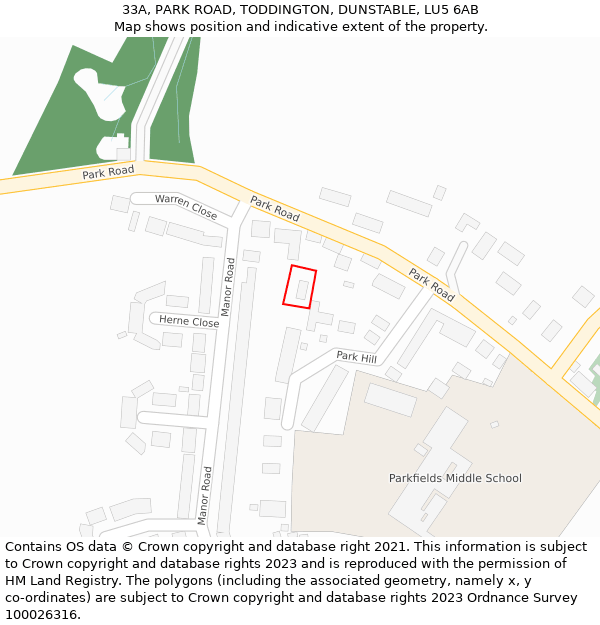 33A, PARK ROAD, TODDINGTON, DUNSTABLE, LU5 6AB: Location map and indicative extent of plot