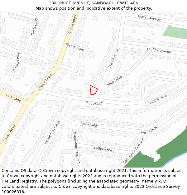 33A, PRICE AVENUE, SANDBACH, CW11 4BN: Location map and indicative extent of plot