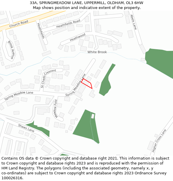 33A, SPRINGMEADOW LANE, UPPERMILL, OLDHAM, OL3 6HW: Location map and indicative extent of plot