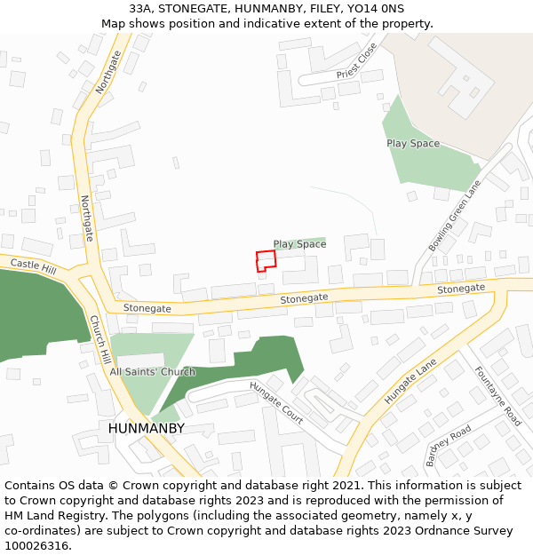 33A, STONEGATE, HUNMANBY, FILEY, YO14 0NS: Location map and indicative extent of plot