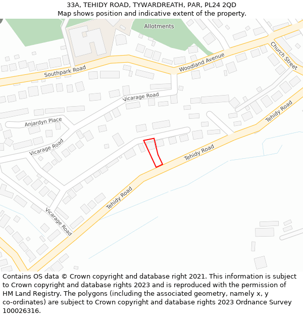 33A, TEHIDY ROAD, TYWARDREATH, PAR, PL24 2QD: Location map and indicative extent of plot