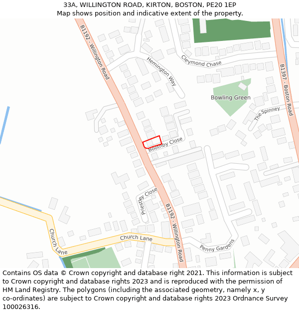 33A, WILLINGTON ROAD, KIRTON, BOSTON, PE20 1EP: Location map and indicative extent of plot