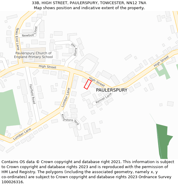 33B, HIGH STREET, PAULERSPURY, TOWCESTER, NN12 7NA: Location map and indicative extent of plot