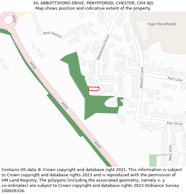 34, ABBOTTSFORD DRIVE, PENYFFORDD, CHESTER, CH4 0JG: Location map and indicative extent of plot