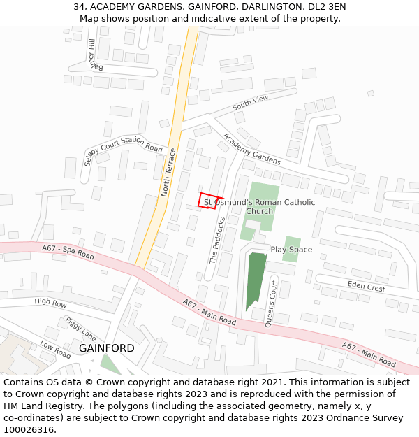 34, ACADEMY GARDENS, GAINFORD, DARLINGTON, DL2 3EN: Location map and indicative extent of plot