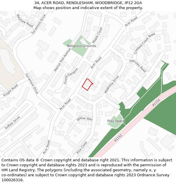 34, ACER ROAD, RENDLESHAM, WOODBRIDGE, IP12 2GA: Location map and indicative extent of plot