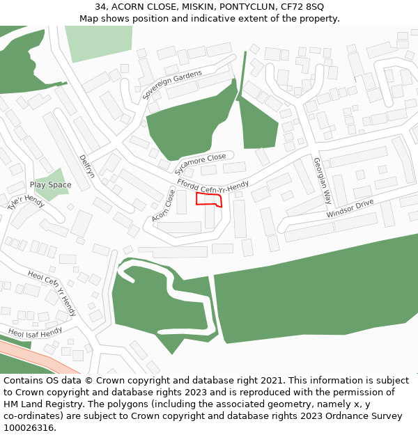 34, ACORN CLOSE, MISKIN, PONTYCLUN, CF72 8SQ: Location map and indicative extent of plot