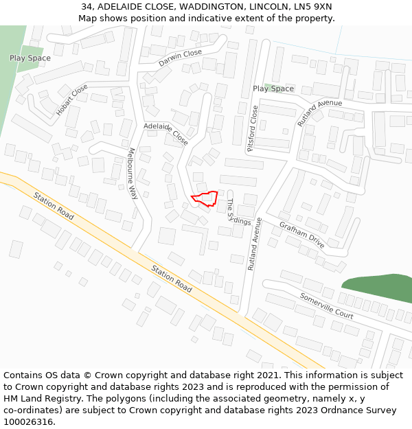 34, ADELAIDE CLOSE, WADDINGTON, LINCOLN, LN5 9XN: Location map and indicative extent of plot