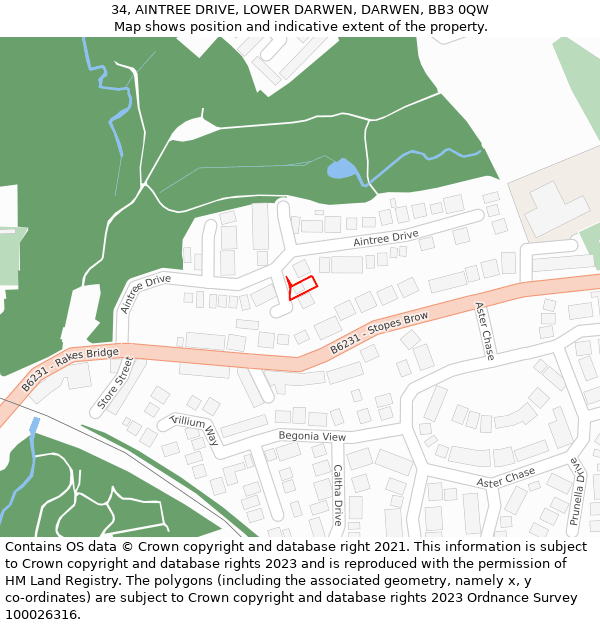 34, AINTREE DRIVE, LOWER DARWEN, DARWEN, BB3 0QW: Location map and indicative extent of plot