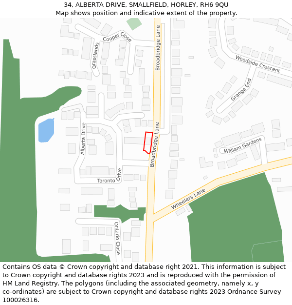 34, ALBERTA DRIVE, SMALLFIELD, HORLEY, RH6 9QU: Location map and indicative extent of plot