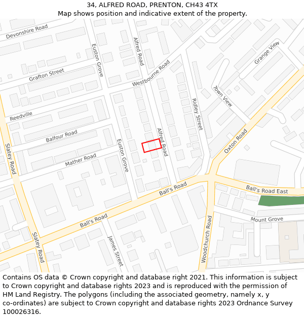 34, ALFRED ROAD, PRENTON, CH43 4TX: Location map and indicative extent of plot