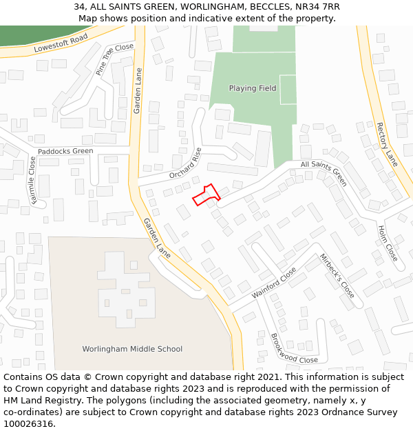 34, ALL SAINTS GREEN, WORLINGHAM, BECCLES, NR34 7RR: Location map and indicative extent of plot