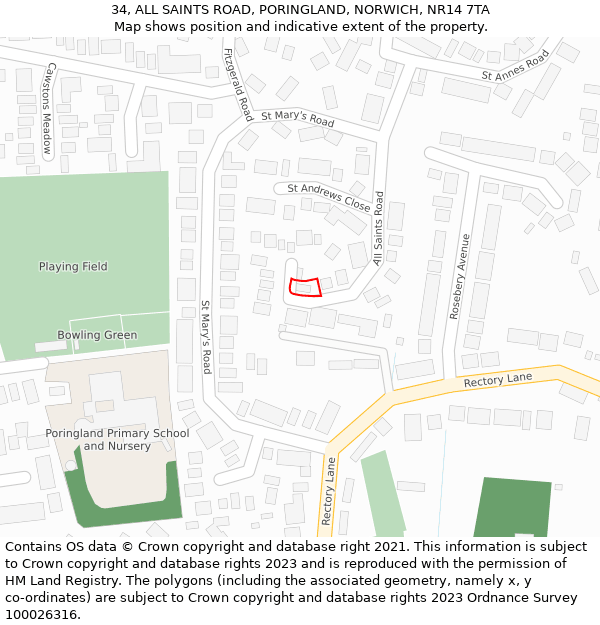 34, ALL SAINTS ROAD, PORINGLAND, NORWICH, NR14 7TA: Location map and indicative extent of plot