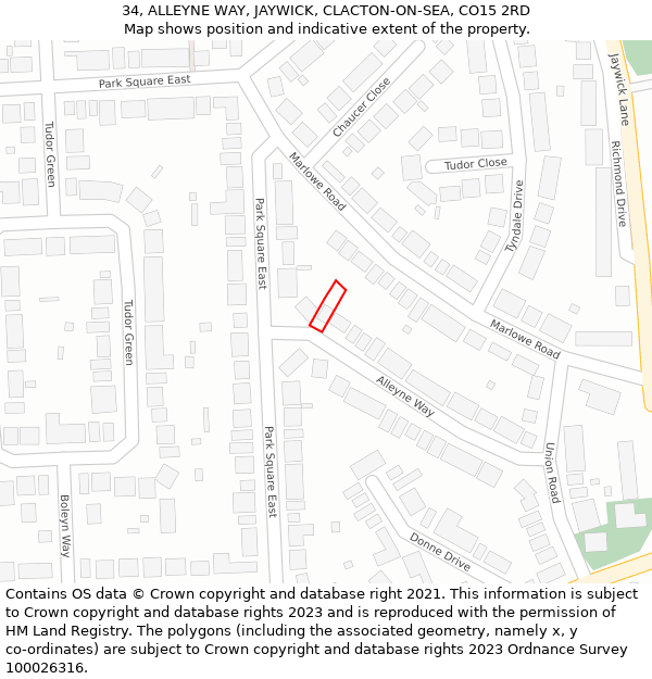 34, ALLEYNE WAY, JAYWICK, CLACTON-ON-SEA, CO15 2RD: Location map and indicative extent of plot