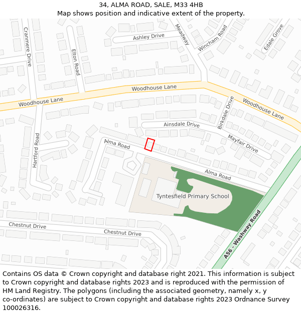 34, ALMA ROAD, SALE, M33 4HB: Location map and indicative extent of plot