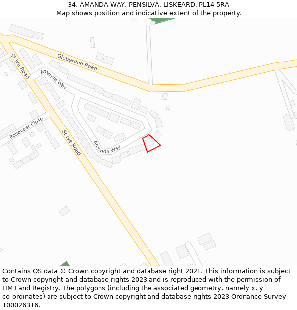 34, AMANDA WAY, PENSILVA, LISKEARD, PL14 5RA: Location map and indicative extent of plot